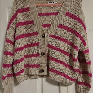 ONLY Women's Knit Cardigan in Beige and Pink Stripes